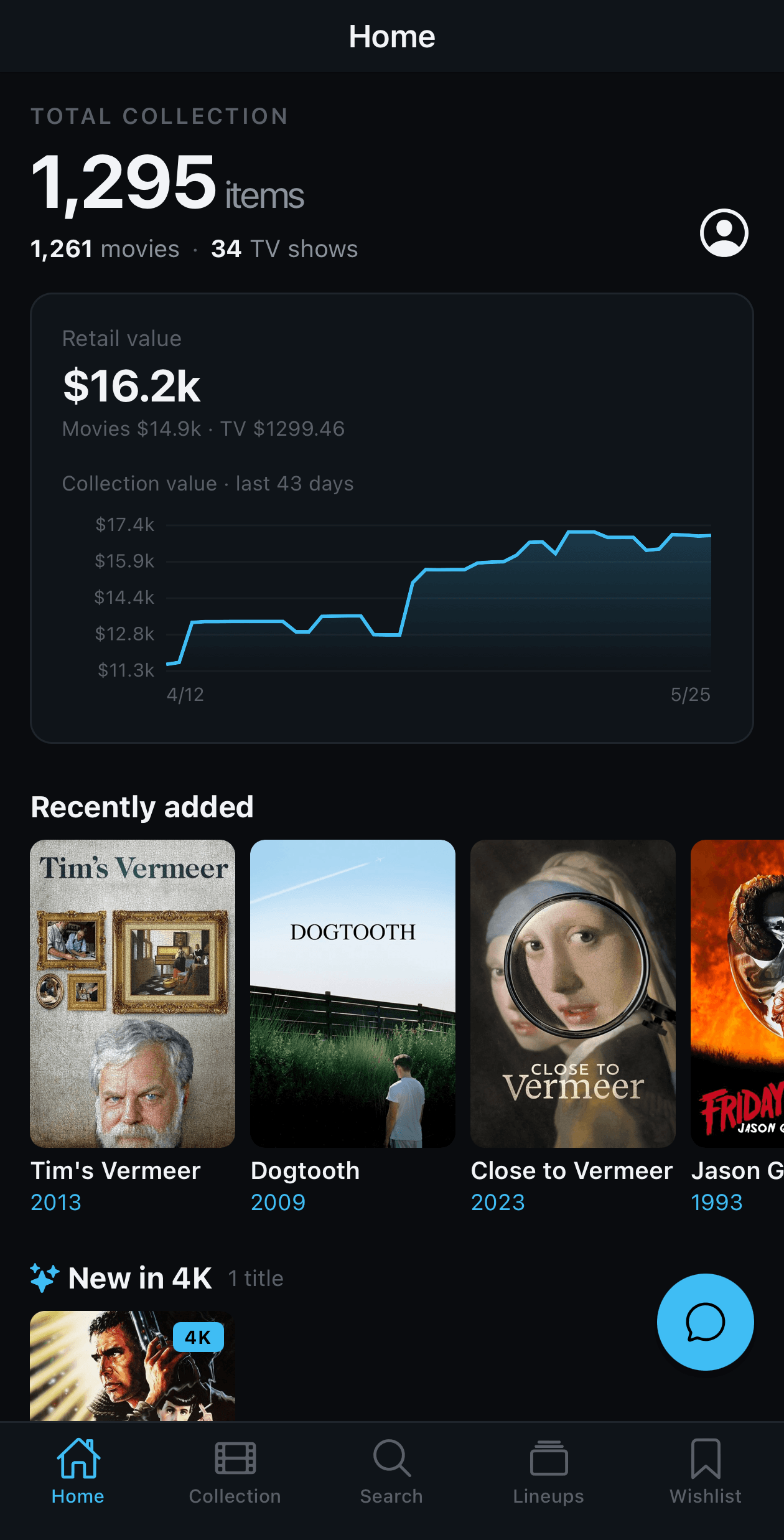 MovieCellar iOS home screen showing 1,295 items, $16,200 retail value, and a 43-day collection value chart